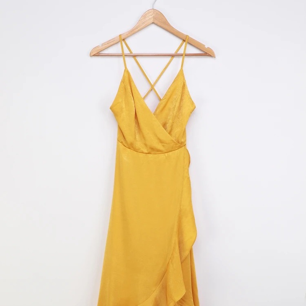 Lulu’s In Love Forever Mustard Yellow Satin Lace-Up High-Low Maxi Dress (medium)